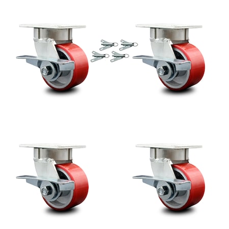 Service Caster 4 Inch Kingpinless Red Poly on Steel Wheel Caster Set Brake and Swivel Lock SCC-KP30S420-PUR-RS-SLB-BSL-4